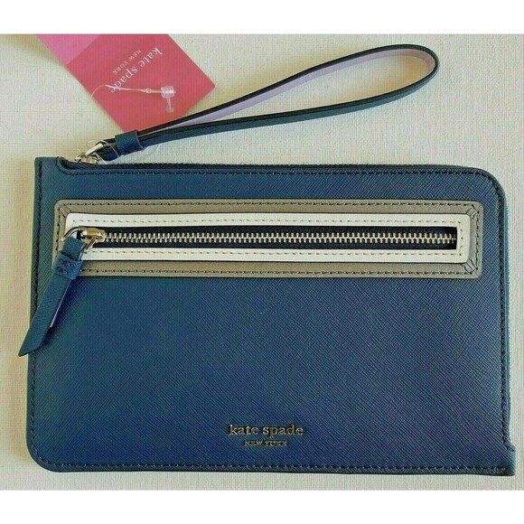 New Kate Spade Medium L-zip Reiley Shadow Anchor Wristlet Leather Petrol Blue - Picture 2 of 5